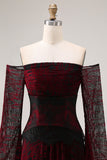 Off the Shoulder Black Red Printed A Line Long Prom Dress with Sleeves