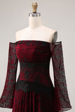 Off the Shoulder Black Red Printed A Line Long Prom Dress with Sleeves