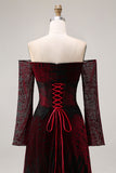 Off the Shoulder Black Red Printed A Line Long Prom Dress with Sleeves
