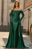 Off the Shoulder Dark Green Mermaid Satin Ruched Formal Dress with Long Sleeves