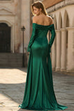 Off the Shoulder Dark Green Mermaid Satin Ruched Formal Dress with Long Sleeves