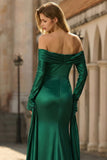 Off the Shoulder Dark Green Mermaid Satin Ruched Formal Dress with Long Sleeves