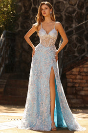 Blue Sequin Corset A Line 3D Flower Spaghetti Straps Long Prom Dress with Slit