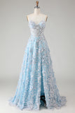 Blue Appliqued Sequin A Line Corset Prom Dress