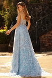 Blue Sequin Corset A Line 3D Flower Spaghetti Straps Long Prom Dress with Slit