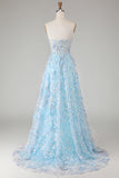 Blue Appliqued Sequin A Line Corset Prom Dress