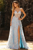 Blue Sequin Corset A Line 3D Flower Spaghetti Straps Long Prom Dress with Slit