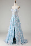 Blue Appliqued Sequin A Line Corset Prom Dress