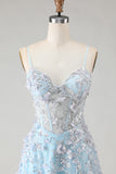 Blue Appliqued Sequin A Line Corset Prom Dress