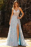 Blue Sequin Corset A Line 3D Flower Spaghetti Straps Long Prom Dress with Slit