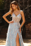 Blue Sequin Corset A Line 3D Flower Spaghetti Straps Long Prom Dress with Slit