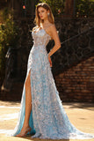 Blue Sequin Corset A Line 3D Flower Spaghetti Straps Long Prom Dress with Slit