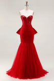 Sparkly Mermaid Red Strapless Prom Dress with Bow