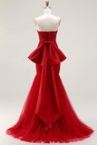 Sparkly Mermaid Red Strapless Prom Dress with Bow