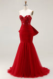 Sparkly Mermaid Red Strapless Prom Dress with Bow