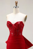 Sparkly Mermaid Red Strapless Prom Dress with Bow