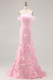 Pink Off the Shoulder Mermaid Satin Long Prom Dress with 3D Flowers