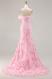 Pink Off the Shoulder Mermaid Satin Long Prom Dress with 3D Flowers