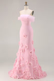 Pink Off the Shoulder Mermaid Satin Long Prom Dress with 3D Flowers
