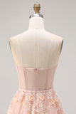 Strapless Blush Tulle A Line Sequin Appliqued Corset Long Prom Dress with Shawl