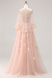 Strapless Blush Tulle A Line Sequin Appliqued Corset Long Prom Dress with Shawl