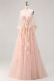 Strapless Blush Tulle A Line Sequin Appliqued Corset Long Prom Dress with Shawl