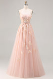 Strapless Blush Tulle A Line Sequin Appliqued Corset Long Prom Dress with Shawl
