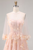 Strapless Blush Tulle A Line Sequin Appliqued Corset Long Prom Dress with Shawl