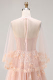 Strapless Blush Tulle A Line Sequin Appliqued Corset Long Prom Dress with Shawl