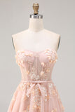 Strapless Blush Tulle A Line Sequin Appliqued Corset Long Prom Dress with Shawl