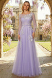 Lilac A Line Appliqued Boat Neck Corset Tulle Long Prom Dress with Long Sleeves