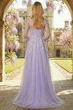Lilac A Line Appliqued Boat Neck Corset Tulle Long Prom Dress with Long Sleeves