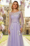 Lilac A Line Appliqued Boat Neck Corset Tulle Long Prom Dress with Long Sleeves