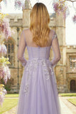 Lilac A Line Appliqued Boat Neck Corset Tulle Long Prom Dress with Long Sleeves