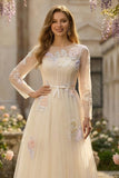 Lilac A Line Appliqued Boat Neck Corset Tulle Long Prom Dress with Long Sleeves