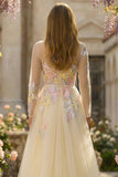 Lilac A Line Appliqued Boat Neck Corset Tulle Long Prom Dress with Long Sleeves