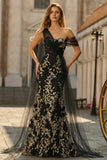 Mermaid Black Golden Beading Appliqued Long Prom Dress