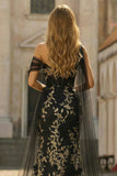 One Shoulder Mermaid Black Golden Sequin Long Prom Dress with Streamer