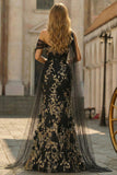 Black Golden Mermaid One Shoulder Appliqued Plus Size Long Prom Dress