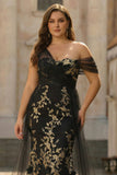 Black Golden Mermaid One Shoulder Appliqued Plus Size Long Prom Dress