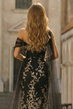 Black Golden Mermaid One Shoulder Appliqued Plus Size Long Prom Dress