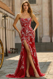 Mermaid Red Strapless Beaded Appliqued Tulle Long Prom Dress with Slit