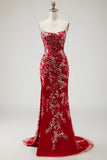 Red Corset Strapless Beaded Sequin Prom Dress