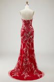 Red Corset Strapless Beaded Sequin Prom Dress