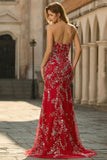 Mermaid Red Strapless Beaded Appliqued Tulle Long Prom Dress with Slit