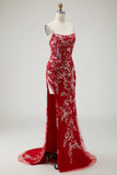 Red Corset Strapless Beaded Sequin Prom Dress