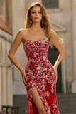 Mermaid Red Strapless Beaded Appliqued Tulle Long Prom Dress with Slit