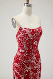 Red Corset Strapless Beaded Sequin Prom Dress