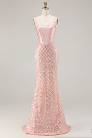 Sparkly Strapless Corset Mermaid Blush Prom Dress