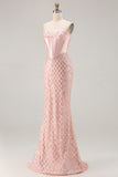 Sparkly Strapless Corset Mermaid Blush Prom Dress